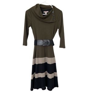 Long sleeve olive green belted dress by Dressbarn Petite Small